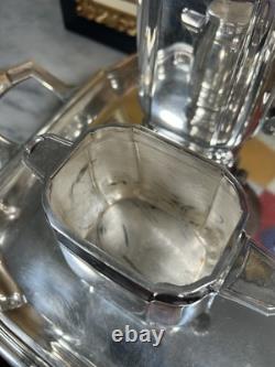 Antique French Art Deco Silver Plated Tea Set with Tray Complete 5 Pieces 1930s