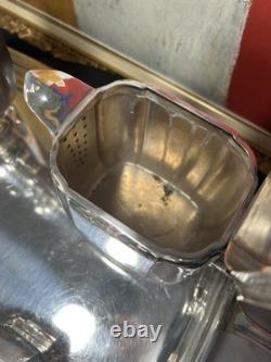 Antique French Art Deco Silver Plated Tea Set with Tray Complete 5 Pieces 1930s