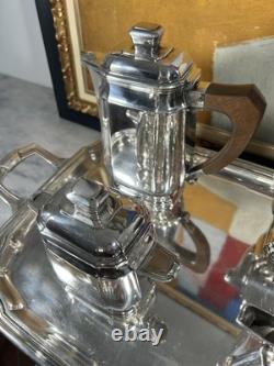 Antique French Art Deco Silver Plated Tea Set with Tray Complete 5 Pieces 1930s