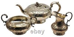 Antique HALLMARKED Silver Plate Etched 3 Pc. Tea Set Creamer Sugar Bowl Teapot