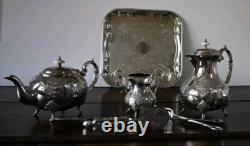 Antique John Turton Sheffield Silver plate tea Set Hand chased Tray Tongs ExCond