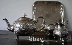Antique John Turton Sheffield Silver plate tea Set Hand chased Tray Tongs ExCond