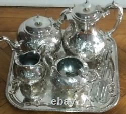 Antique John Turton Sheffield Silver plate tea Set Hand chased Tray Tongs ExCond Antique John Turton Sheffield Silver plate tea Set Hand chased Tray Tongs ExCond