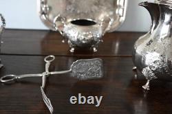 Antique John Turton Sheffield Silver plate tea Set Hand chased Tray Tongs ExCond