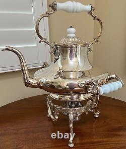 Antique Large Silver Plate Tilting Tea Kettle Stand Burner late 1800 Milk Glass