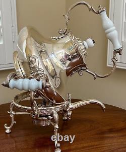 Antique Large Silver Plate Tilting Tea Kettle Stand Burner late 1800 Milk Glass