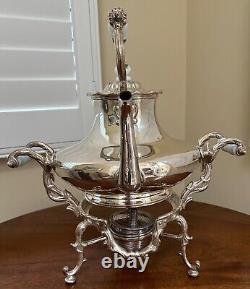 Antique Large Silver Plate Tilting Tea Kettle Stand Burner late 1800 Milk Glass