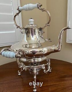 Antique Large Silver Plate Tilting Tea Kettle Stand Burner late 1800 Milk Glass