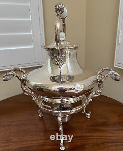 Antique Large Silver Plate Tilting Tea Kettle Stand Burner late 1800 Milk Glass
