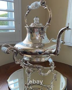 Antique Large Silver Plate Tilting Tea Kettle Stand Burner late 1800 Milk Glass