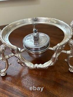 Antique Large Silver Plate Tilting Tea Kettle Stand Burner late 1800 Milk Glass