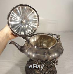 Antique Large Silverplate Tea Pot Kettle on Stand Floral
