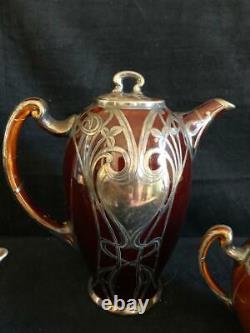 Antique Lenox 3 Piece Art Nouveau Silver Overlay Chocolate Brown Tea Set