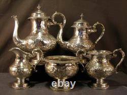 Antique Manhattan Floral Repousse Silver Coffee Tea Pot Set Service Engraved 5Pc Antique Manhattan Floral Repousse Silver Coffee Tea Pot Set Service Engraved 5Pc
