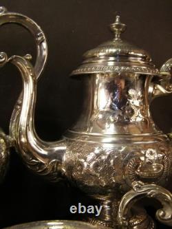 Antique Manhattan Floral Repousse Silver Coffee Tea Pot Set Service Engraved 5Pc Antique Manhattan Floral Repousse Silver Coffee Tea Pot Set Service Engraved 5Pc