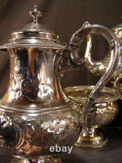 Antique Manhattan Floral Repousse Silver Coffee Tea Pot Set Service Engraved 5Pc Antique Manhattan Floral Repousse Silver Coffee Tea Pot Set Service Engraved 5Pc