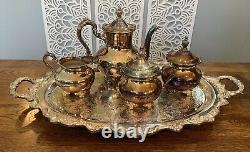 Antique Poole Silver Plate Old English Tea Pot Tray 7pc Art Nouveau Serving Set