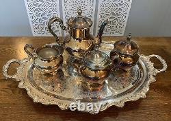 Antique Poole Silver Plate Old English Tea Pot Tray 7pc Art Nouveau Serving Set