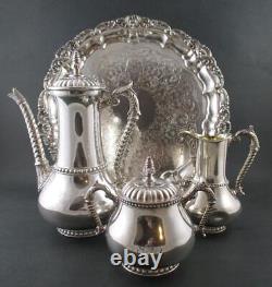 Antique QUAD Silver 3pc COFFEE tea SET + TRAY Dated 1895 James W TUFTS #1802