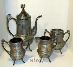 Antique Quadruple Plate Coffee Tea Set4 pc Astetic Victorian Ornate Flowers Bird