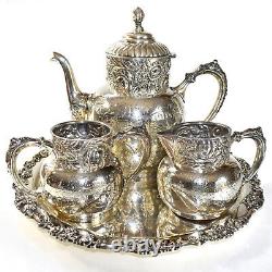 Antique Quadruple Plate Deep Repousse Derby Silver Co 3 pc Tea Set & Tray