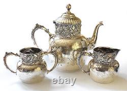 Antique Quadruple Plate Deep Repousse Derby Silver Co 3 pc Tea Set & Tray