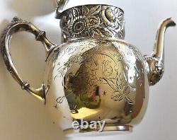 Antique Quadruple Plate Deep Repousse Derby Silver Co 3 pc Tea Set & Tray