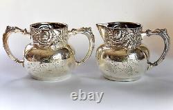 Antique Quadruple Plate Deep Repousse Derby Silver Co 3 pc Tea Set & Tray