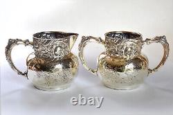 Antique Quadruple Plate Deep Repousse Derby Silver Co 3 pc Tea Set & Tray