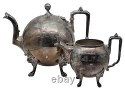 Antique REED & BARTON Silver Plate Round Tea Set Teapot & Creamer LIONS