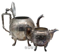 Antique REED & BARTON Silver Plate Round Tea Set Teapot & Creamer LIONS