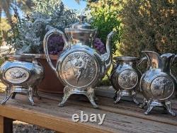 Antique Rare Reed & Barton 1891 Silver Plated Cherubs Coffee/Tea Pot Set #2814