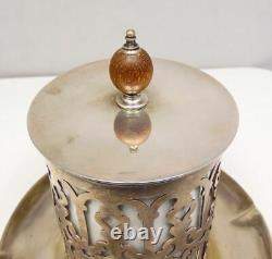 Antique Reticulated Silver Plate Lidded Tea Caddy with Royal Worcester Insert Cup
