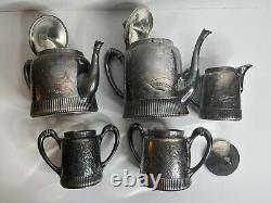 Antique Rogers Meriden Quadruple Silverplate 5 Piece Coffee and Tea Set