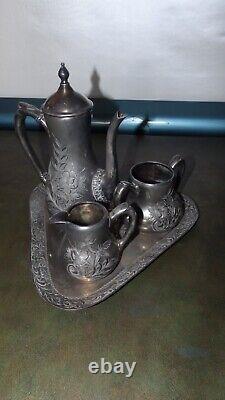 Antique Sackett & Co. Quadruple Silver Plate Etched Tea Set 1900 Bent Tray