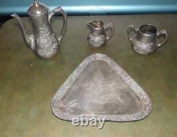Antique Sackett & Co. Quadruple Silver Plate Etched Tea Set 1900 Bent Tray