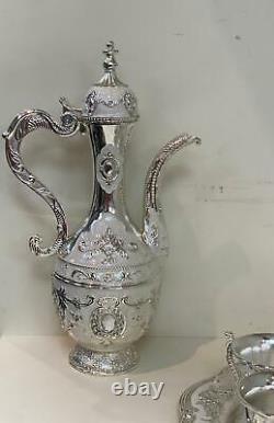 Antique Set of 8 Silver Plated Carved Decoration Brass Pitcher Tea Pot Jug White