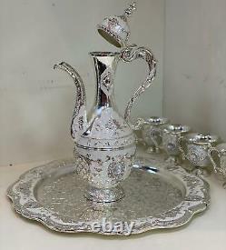 Antique Set of 8 Silver Plated Carved Decoration Brass Pitcher Tea Pot Jug White