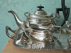 Antique Sheffield England Crafton Silver Plate Tea Set & Lg Serving Tray 1920s