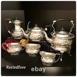 Antique Sheffield Silver Plated Tea Set Repousse Tilting Tea Pot 1920's 6 Pcs