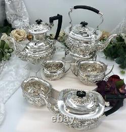 Antique Sheffield Silver Plated Tea Set Repousse Tilting Tea Pot 1920's 6 Pcs