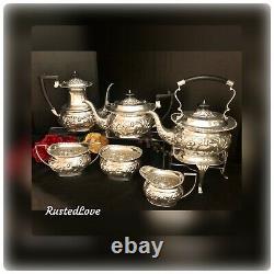 Antique Sheffield Silver Plated Tea Set Repousse Tilting Tea Pot 1920's 6 Pcs