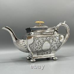 Antique Silver Plate Teapot Victorian Oblong Bright Cut Bun Feet English Quality