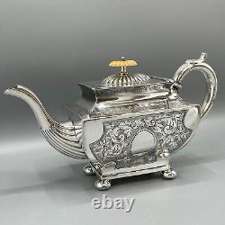 Antique Silver Plate Teapot Victorian Oblong Bright Cut Bun Feet English Quality