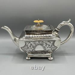 Antique Silver Plate Teapot Victorian Oblong Bright Cut Bun Feet English Quality