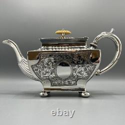 Antique Silver Plate Teapot Victorian Oblong Bright Cut Bun Feet English Quality