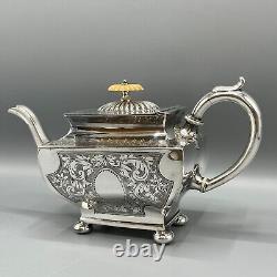 Antique Silver Plate Teapot Victorian Oblong Bright Cut Bun Feet English Quality