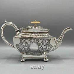 Antique Silver Plate Teapot Victorian Oblong Bright Cut Bun Feet English Quality