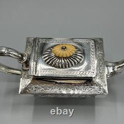 Antique Silver Plate Teapot Victorian Oblong Bright Cut Bun Feet English Quality