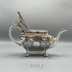 Antique Silver Plate Teapot Victorian Oblong Bright Cut Bun Feet English Quality